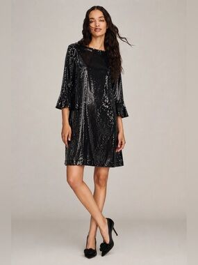 Ming Wang Novelty Sequin Boat Neck 3/4 Sleeve Ruffled Bell Cuff Shift Dress Sz L